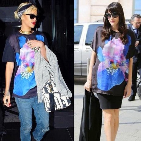 Givenchy SS 2012 Black Oversized Satin Iris Graphic T-Shirt Print Rihanna